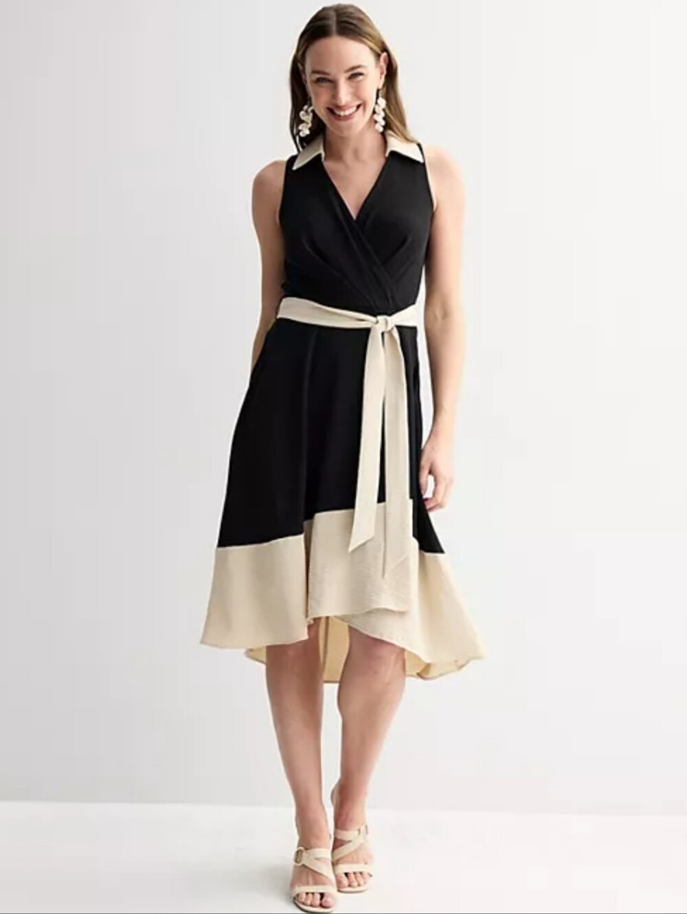 Harper Rose Navy and Cream Sleeveless Wrap-Style Midi Dress